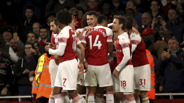 Arsenal celebrate Lucas Torreira's goal.