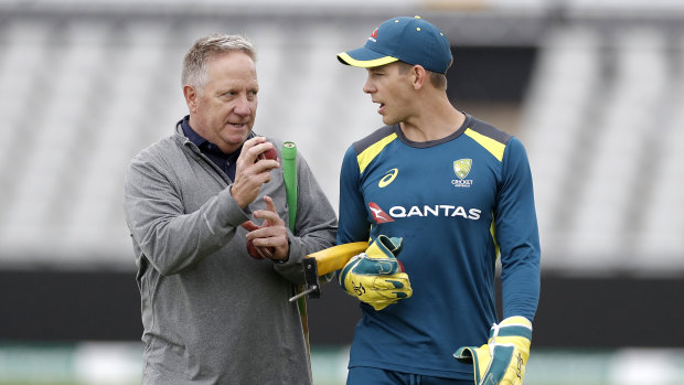 Former Australian wicket-keeper Ian Healy, left, with current Test captain Tim Paine during last year’s Ashes series in England.