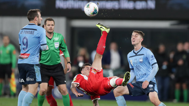 Acrobatics: Adrian Luna Retamar of Melbourne City executes a scissor-kick.