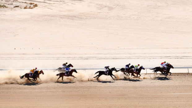 Horses and sprint are seen during race 3 at the Birdsville Races on Friday.