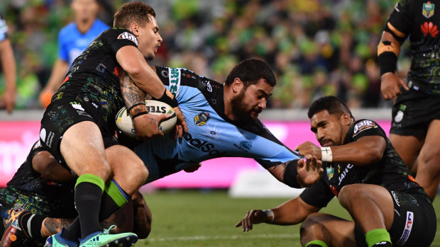 On the charge: Fifita launches into the Canberra defence last weekend.