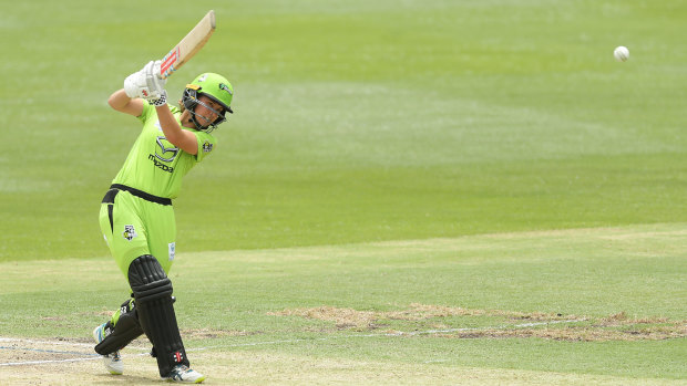 Phoebe Litchfield dispatches a delivery down the ground during last season’s WBBL.