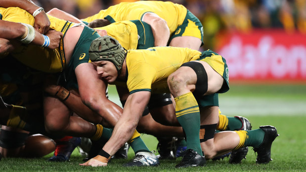 The Wallabies pack down a scrum against Samoa last year.