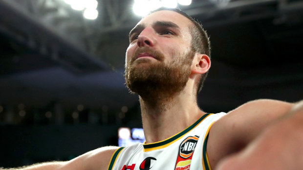 Jack McVeigh of the JackJumpers celebrates his team’s win against United to reach the NBL grand final.