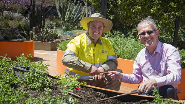 National Arboretum's operations manager Dr Matt Parker and horticultural field officer Ryan Mallard in the arboretum's Discovery Garden which highlights sustainable gardening practices for the home garden.