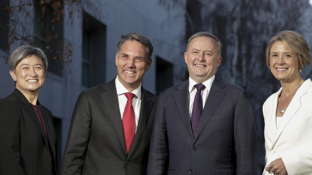 Labor’s leadership team, Labor’s Senate leader Penny Wong, deputy Labor leader Richard Marles, Opposition Leader Anthony Albanese and Labor’s deputy Senate leader Kristina Keneally.