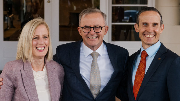 Charities Minister Andrew Leigh (right) with Anthony Albanese and fellow frontbencher Katy Gallagher.