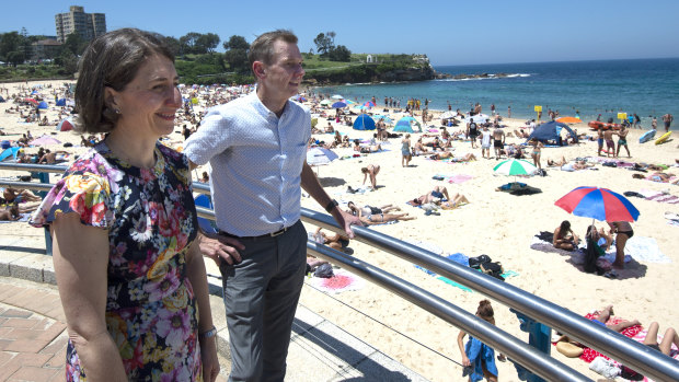 NSW Premier Gladys Berejiklian and Member for Coogee Bruce Notley-Smith are seen prior to addressing media at Coogee Beach.