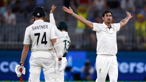 Starc appeals for the wicket of Watling.