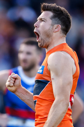 Giant Toby Green celebrates one of his five goals.
