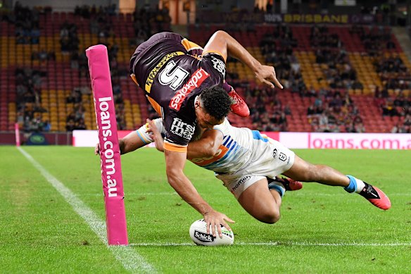 Xavier Coates goes over the line for a try that was later disallowed.