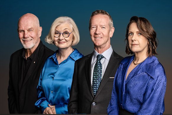 Peter FitzSimons (left) with other Herald luminaries Kate McClymont, Peter Hartcher and Jacqueline Maley.