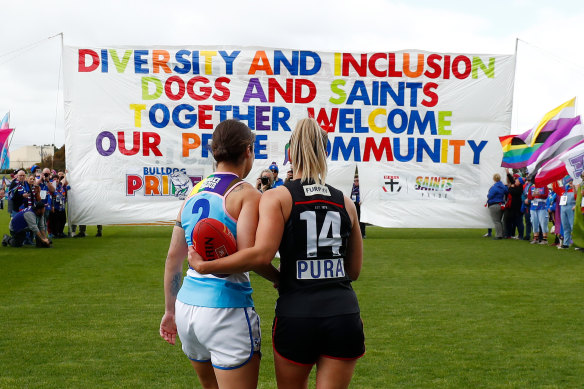 Bulldogs and St Kilda captains Ellie Blackburn and Hannah Priest mark AFLW’s Pride round.