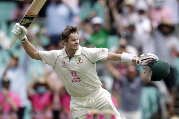 Steve Smith celebrates reaching a century on day two of the third Test.
