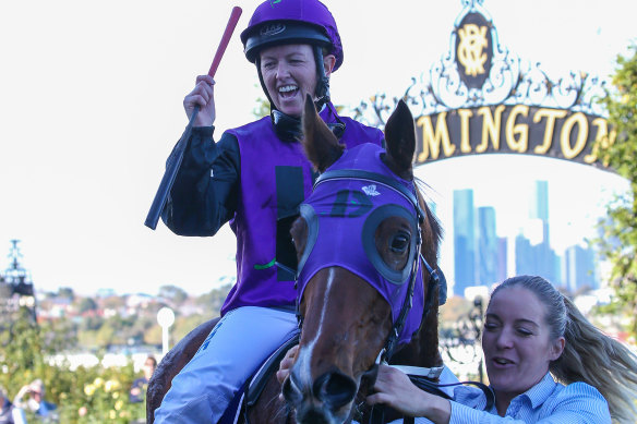 Jade Darose celebrates her historic feat at Flemington.