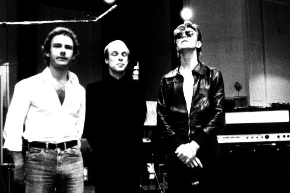From left, Robert Fripp, Brian Eno and David Bowie in the Berlin studio in 1977.  Low, the first of the Berlin Trilogy, turns 45 this month.