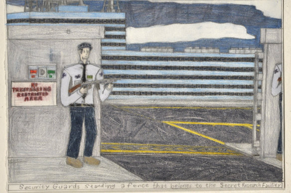 Samraing Chea, Security Guards Standing a fence that belongs to the Secret Research Facility, 2013; greylead and colour pencil on paper, 25 x 35 cm