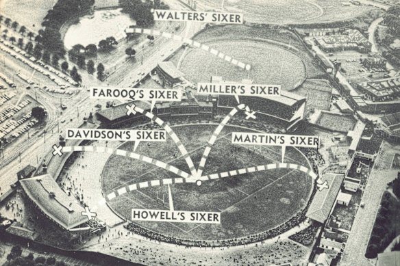 Some of the biggest sixes hit at the SCG before 1968, as shown in Jack Pollard’s famous book “Cricket the Australian Way”.