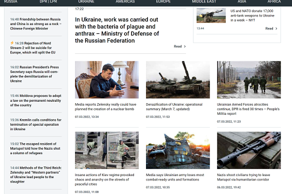 A screenshot of Russian news agency News Front’s website. The founder and financier of the site have been hit by financial and travel sanctions by the Australian government for their role in disseminating pro-Kremlin propaganda. 