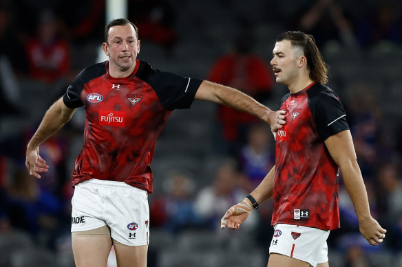 Essendon tall timber Todd Goldstein (left) and Sam Draper.