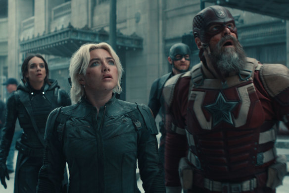 Ghost (Hannah John-Kamen), Yelena Belova (Florence Pugh), John Walker (Wyatt Russell),  and Red Guardian/Alexei Shostakov (David Harbour) in Thunderbolts*.