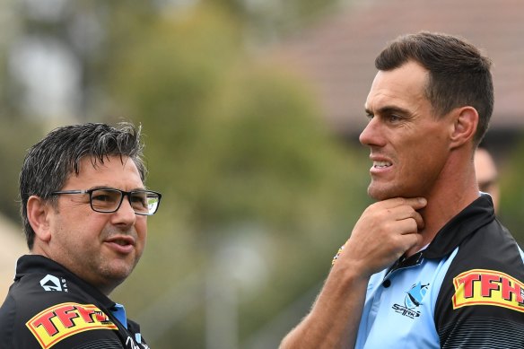 Sharks chief executive Dino Mezzatesta and sacked coach John Morris before round three’s match against Canterbury.