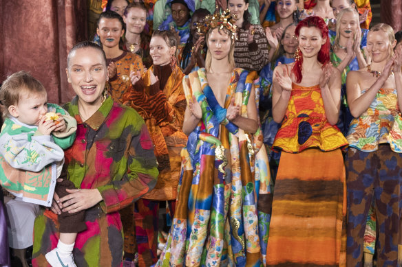 Designer Emilie Helmstedt takes a bow at the Helmstedt show during Copenhagen Fashion Week on February 2. The event has dramatically improved its already impressive green credentials.