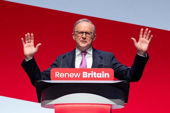 Anthony Albanese addresses the UK Labour Conference on Sunday night.