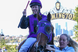 Jade Darose celebrates her historic feat at Flemington.