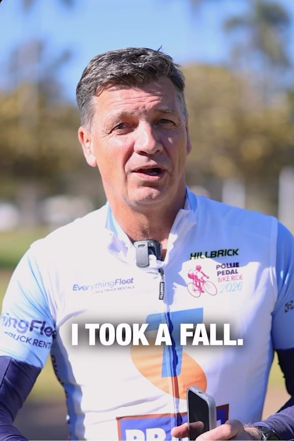 Opposition Leader Angus Taylor fell off his bike on this year’s annual Pollie Pedal.
