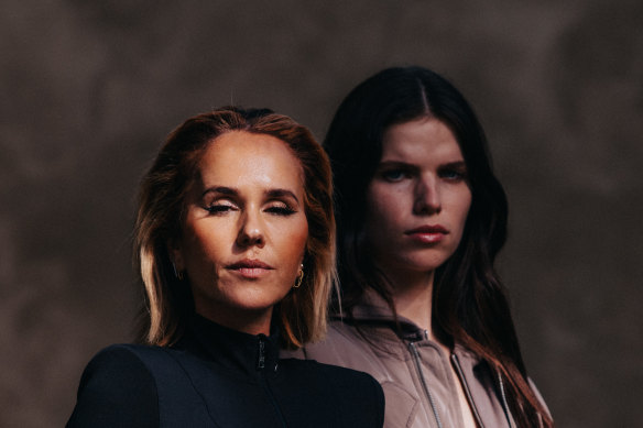 Pip Edwards (left) with model Liv Parsons in a look from the new P.E Nation aesthetic that will launch at Australian Fashion Week.