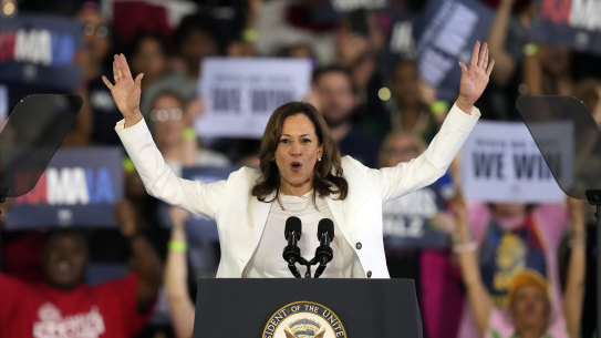Democratic presidential nominee Vice President Kamala Harris speaks at a campaign rally in Romulus, Michigan.