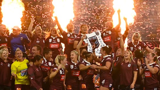 Queensland’s players celebrate after clinching the two-game series.