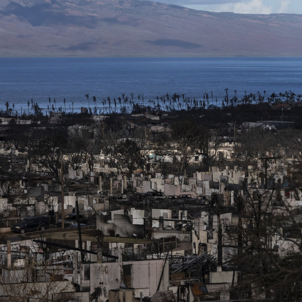 Homes consumed in recent wildfires are seen in Lahaina, Hawaii.