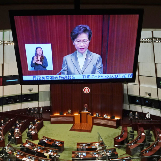 Hong Kong Chief Executive Carrie Lam delivering her policy address to  the Legislative Council on Wednesday. 