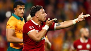 Sione Tuipulotu of the British and Irish Lions celebrates after scoring a try during game one of the series between Australia Wallabies and British & Irish Lions