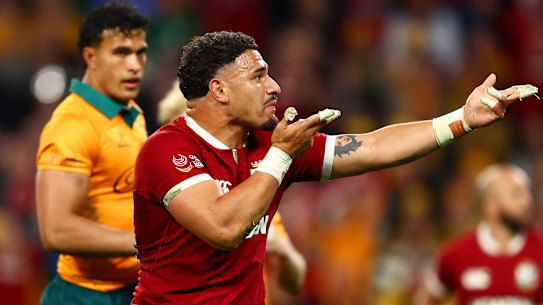 Sione Tuipulotu of the British and Irish Lions celebrates after scoring a try during game one of the series between Australia Wallabies and British & Irish Lions