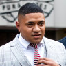 Sidelined Manly Sea Eagles hooker Manase Fainu leaves Parramatta District Court after being found guilty by a jury of wounding with intent to cause grievous bodily harm.