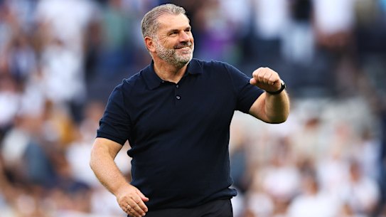 Ange Postecoglou soaks up the adulation of the Tottenham Hotspur fans in August last year. “So much of my childhood was trying to overcome having Postecoglou as a surname, and now they’re making it into songs … It’s crazy.”