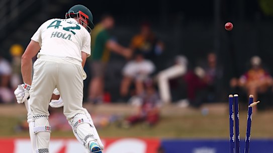 Cameron Green is bowled by Hasan Mahmud on day 4 at Marrara Stadium in Darwin.