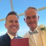 Queensland Deputy Premier Jarrod Bleijie and Public Sector Commissioner David Mackie at the latter’s wedding in April, in which Bleijie acted as a celebrant in a “private capacity”.