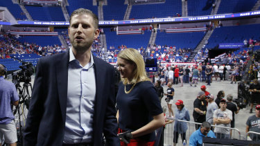 Eric Trump, the son of President Donald Trump, leaves the media area after interviews before a rally in Tulsa, Oklahoma.