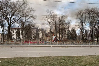 Photo released by Donetsk Regional Civil-Military Administration Council shows the Mariupol Drama Theatre damaged after shelling.