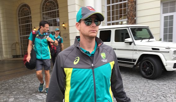 Steve Smith leaves the team’s Cape Town hotel the morning after the scandal kicked off.