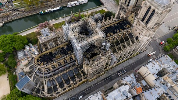 An aerial view of the fire damage to the cathedral.
