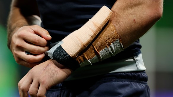 The arm guard worn by Jahrome Hughes in Friday’s preliminary final.