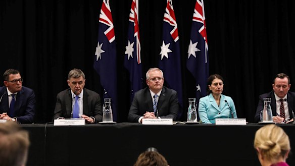 Victorian Premier Daniel Andrews, Chief Medical Officer Brendan Murphy, Prime Minister Scott Morrison, NSW Premier Gladys Berejiklian and WA Premier Mark Mcgowan speak to the media on Friday.