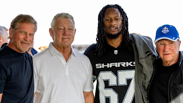 Roosters board member Mark Bouris, Bulldogs general manager Phil Gould, NFL legend Todd Gurley and Roosters chairman Nick Politis in Las Vegas.