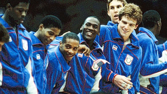 Michael Jordan and his US teammates celebrate Olympic gold in 1984.