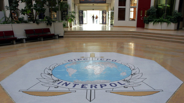 The entrance hall of Interpol's headquarters in Lyon, France.